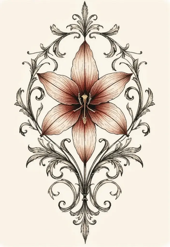 50 Stargazer Lily Tattoos with Elegant and Symbolic Designs 13 50 Stargazer Lily Tattoos with Elegant and Symbolic Designs - 13. Ornamental Flourishes