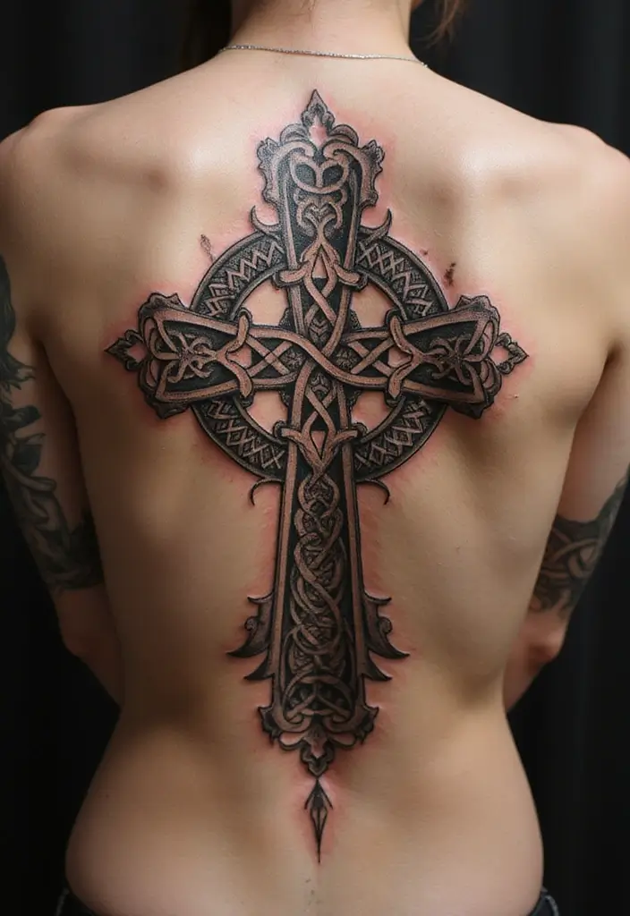 30 Celtic Cross Tattoos for Men and Women with Spiritual Value 13 30 Celtic Cross Tattoos for Men and Women with Spiritual Value - 13. Celtic Cross with Celtic Knot Background