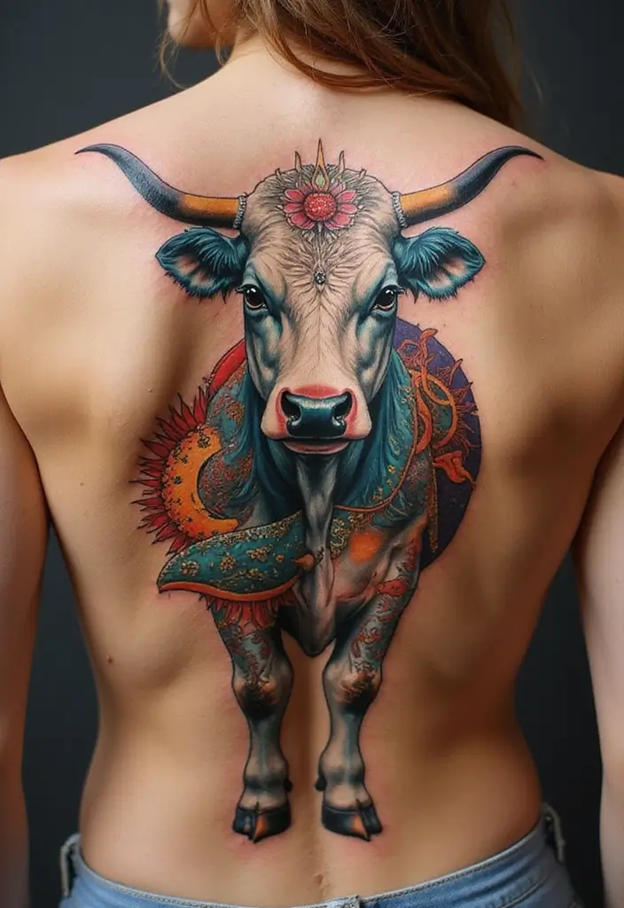 50 Cow Tattoo Designs with Fun and Unique Symbolism - 13. Cow with Sun and Moon