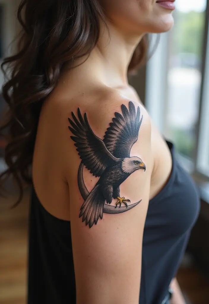 30 Eagle Tattoo Designs That Represent Strength and Freedom 13 30 Eagle Tattoo Designs That Represent Strength and Freedom - 13. Eagle and Moon Tattoo