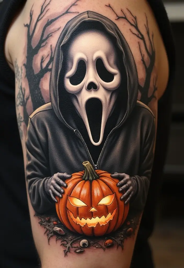 30 Ghostface Tattoo Ideas for Horror Fans - 13. Ghostface with a Pumpkin