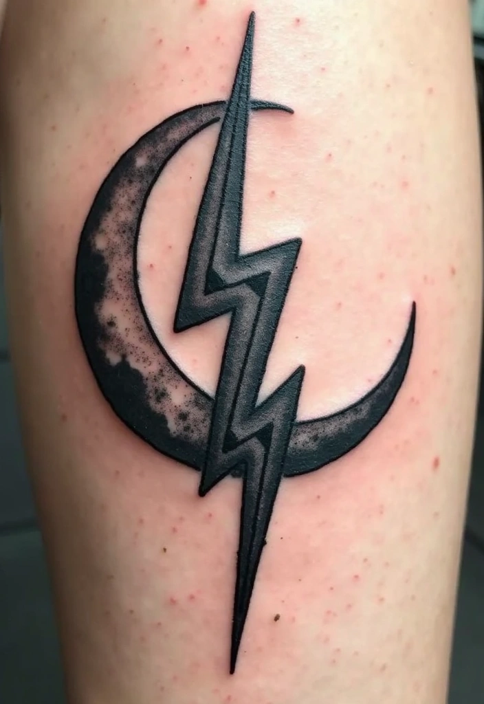 50 Lightning Bolt Tattoos with Bold and Striking Designs 13 50 Lightning Bolt Tattoos with Bold and Striking Designs - 13. Lightning Bolt with Moon
