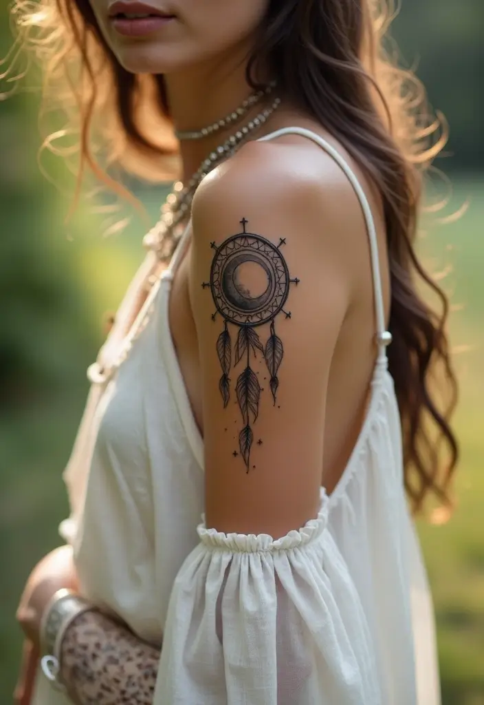 30 Moon Phase Tattoo Ideas with Symbolism and Elegant Designs 13 30 Moon Phase Tattoo Ideas with Symbolism and Elegant Designs - 13. Moon with Dreamcatcher