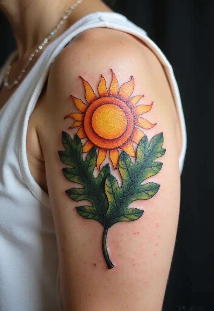 30 Oak Leaf Tattoo Designs with Nature-Inspired Symbolism - 13. Oak Leaf and Sun Tattoo