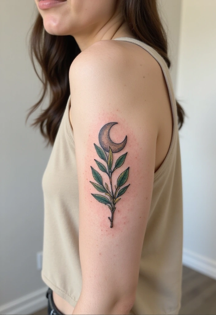 30 Olive Branch Tattoo Meaning and Design Inspirations - 13. Olive Branch with Moon
