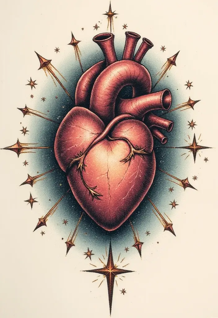 30 Sacred Heart Tattoo Ideas with Spiritual Symbolism 13 30 Sacred Heart Tattoo Ideas with Spiritual Symbolism - 13. Sacred Heart with Stars