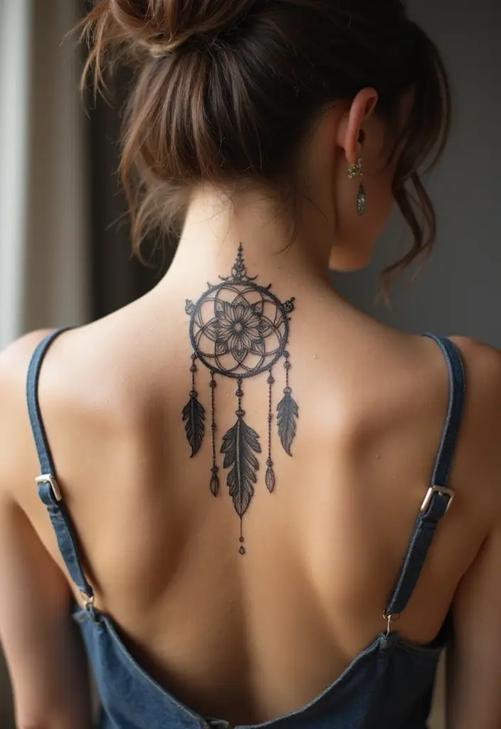 99 Stunning Spine Tattoos for Women to Inspire Your Next Ink - 13. Dreamcatchers
