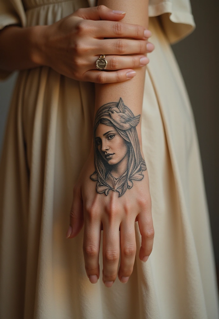 50 Virgin Mary Hand Tattoos with Spiritual and Artistic Designs - 13. Virgin Mary with Dove