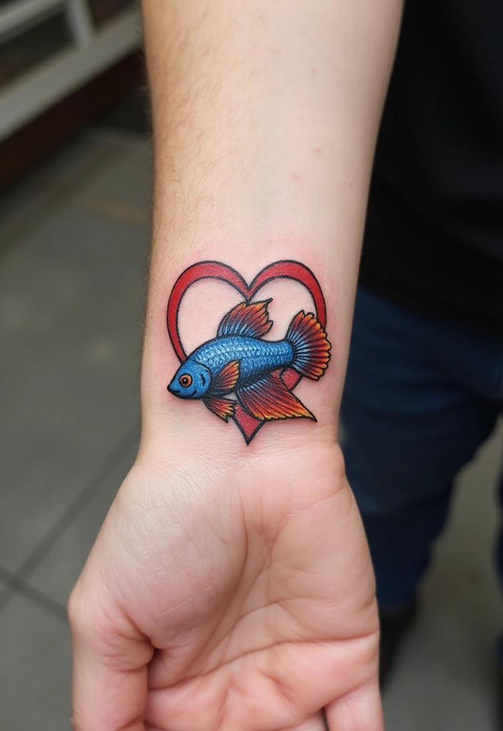 50 Betta Fish Tattoo Ideas with Unique and Colorful Designs 14 50 Betta Fish Tattoo Ideas with Unique and Colorful Designs - 14. Betta Fish with a Heart Design
