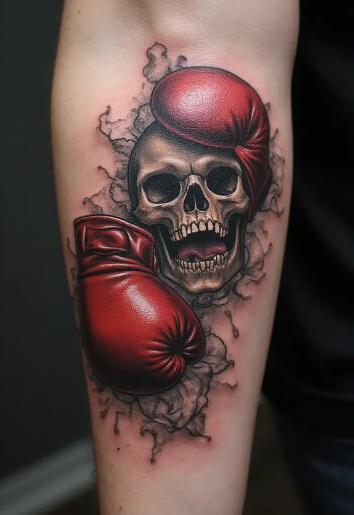 50 Boxing Gloves Tattoo Designs That Embody Strength and Courage! 14 50 Boxing Gloves Tattoo Designs That Embody Strength and Courage! - 14. Skulls and Boxing Gloves