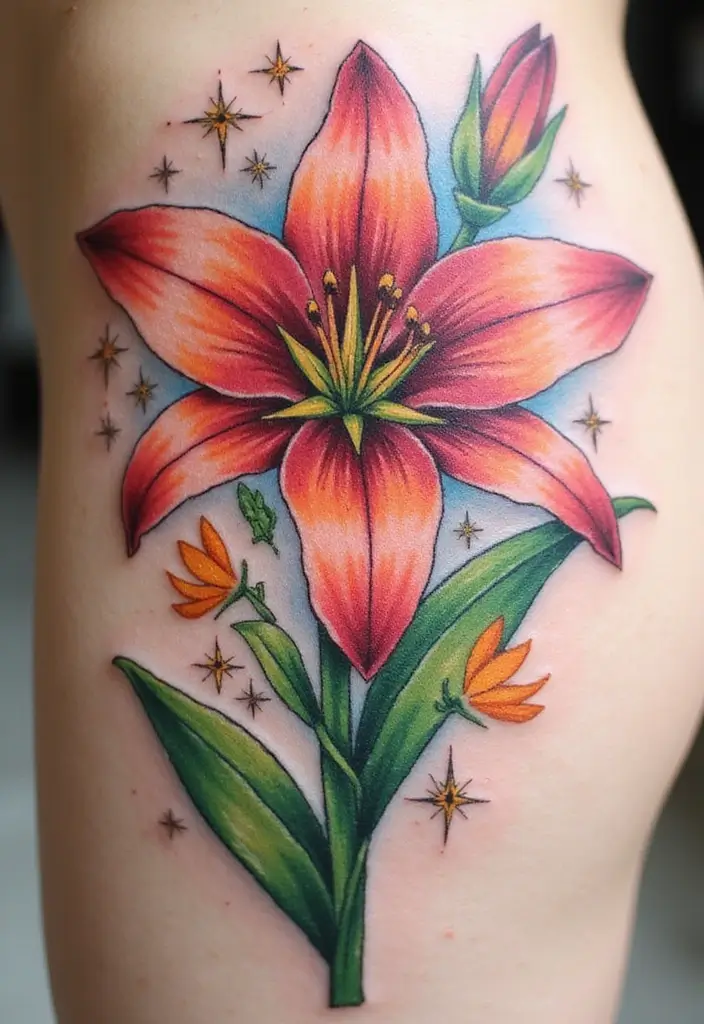50 Stargazer Lily Tattoos with Elegant and Symbolic Designs 14 50 Stargazer Lily Tattoos with Elegant and Symbolic Designs - 14. Fantasy Element