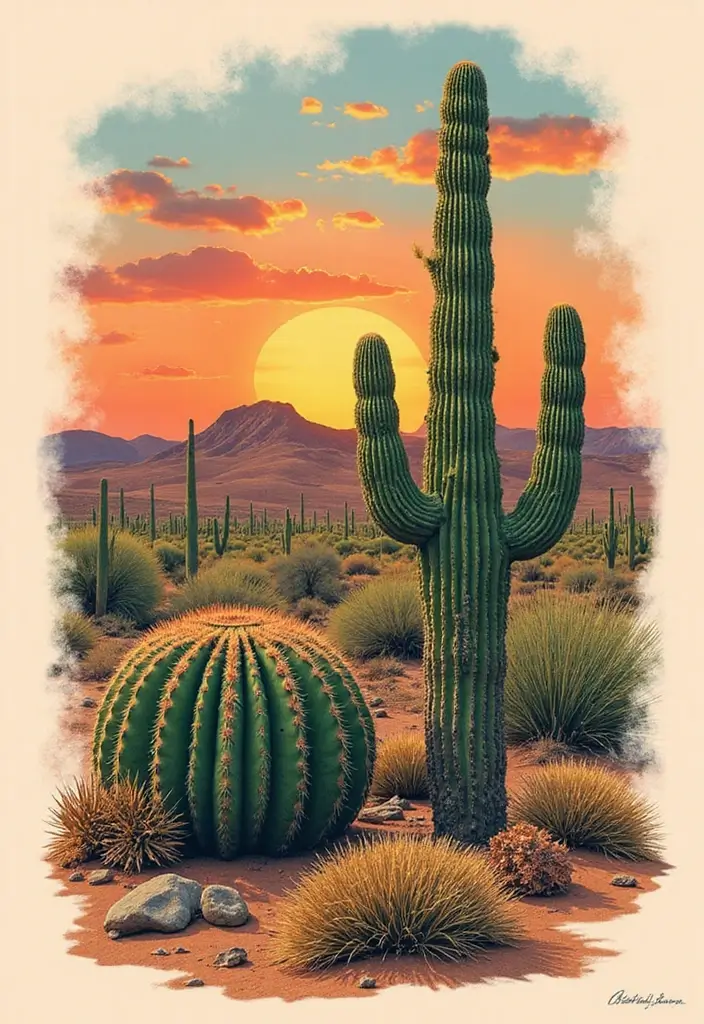 50 Cactus Tattoo Ideas with Minimalist and Symbolic Styles 14 50 Cactus Tattoo Ideas with Minimalist and Symbolic Styles - 14. Desert Landscape with Cacti