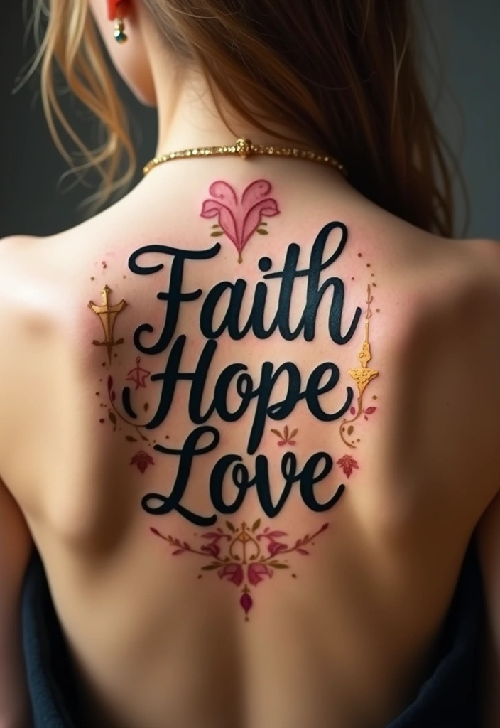 50 Christian Back Tattoos with Meaningful and Powerful Designs - 14. Faith, Hope, Love