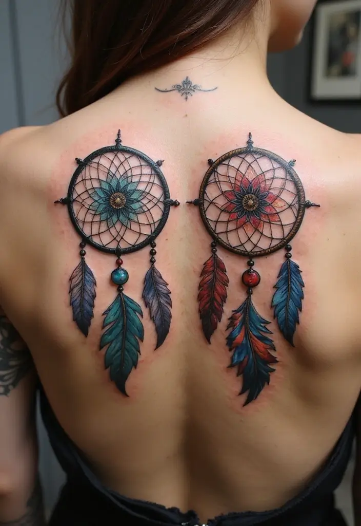 50 Dreamcatcher Tattoo Ideas with Cultural Symbolism 14 50 Dreamcatcher Tattoo Ideas with Cultural Symbolism - 14. Dual Dreamcatchers Design