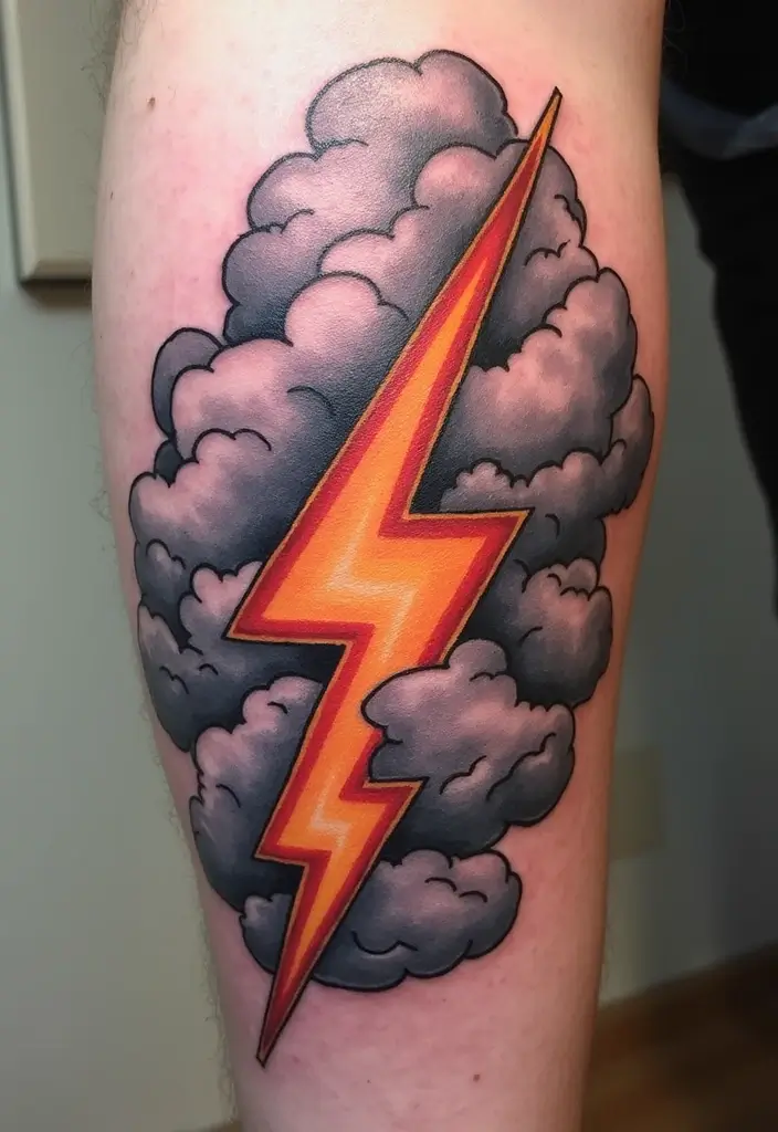50 Lightning Bolt Tattoos with Bold and Striking Designs 14 50 Lightning Bolt Tattoos with Bold and Striking Designs - 14. Lightning Bolt with Clouds