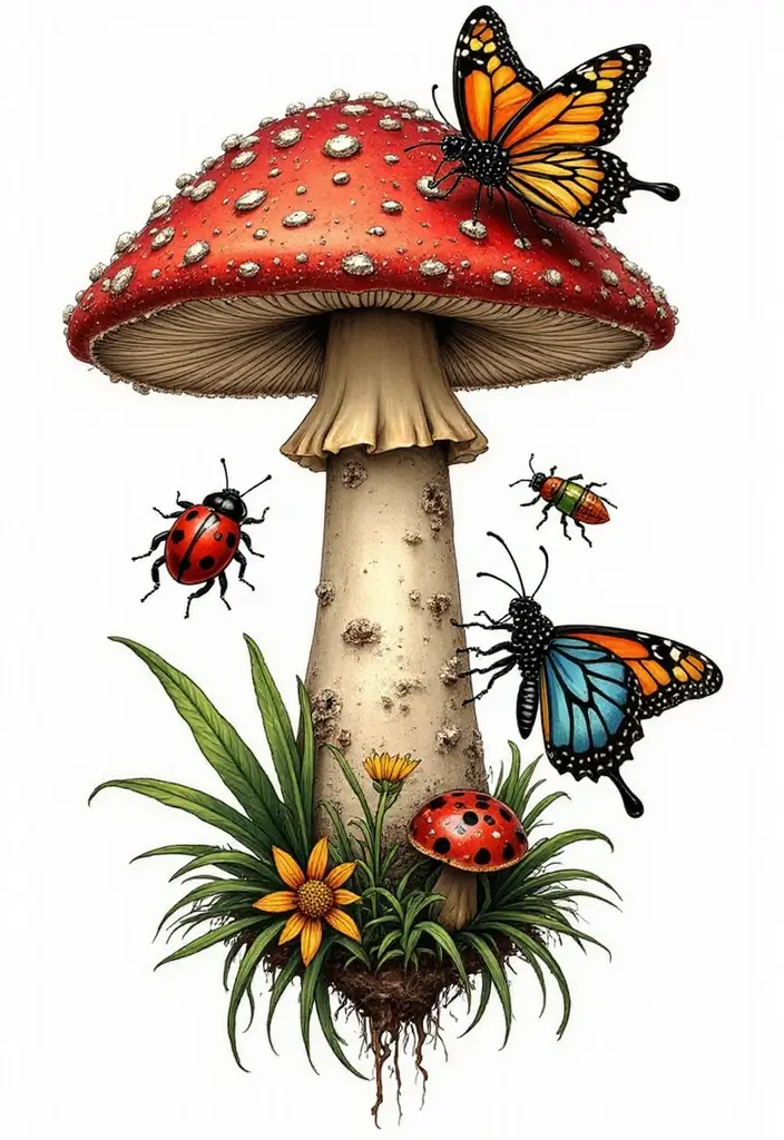 50 Unique Mushroom Tattoo Ideas That'll Leave You Inspired and Curious About Their Symbolism! 14 50 Unique Mushroom Tattoo Ideas That'll Leave You Inspired and Curious About Their Symbolism! - 14. Mushrooms and Insects