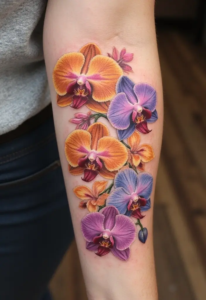 30 Orchid Tattoos That Represent Elegance and Beauty - 14. Stacked Orchid Tattoo