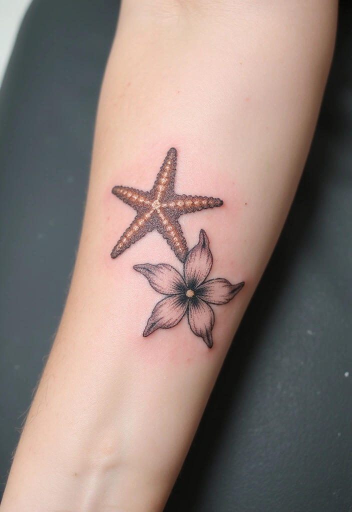 30 Simple Starfish Tattoo Ideas with Minimalist Symbolism 14 30 Simple Starfish Tattoo Ideas with Minimalist Symbolism - 14. Starfish with a Flower