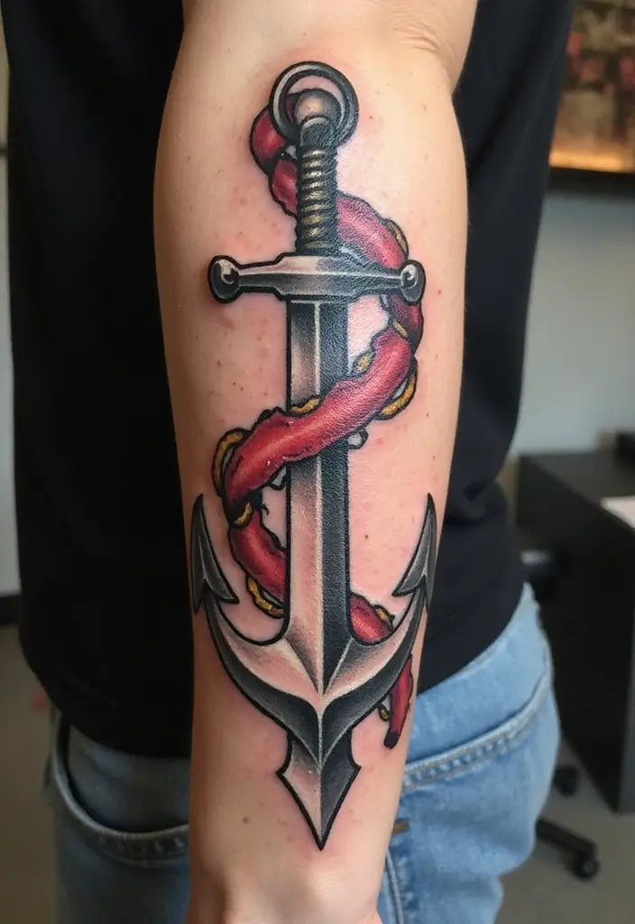 50 Sword Tattoo Designs and Symbolism to Inspire Your Next Ink 14 50 Sword Tattoo Designs and Symbolism to Inspire Your Next Ink - 14. Sword and Anchor