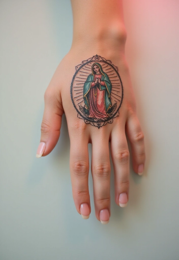 50 Virgin Mary Hand Tattoos with Spiritual and Artistic Designs - 14. Virgin Mary within a Circle