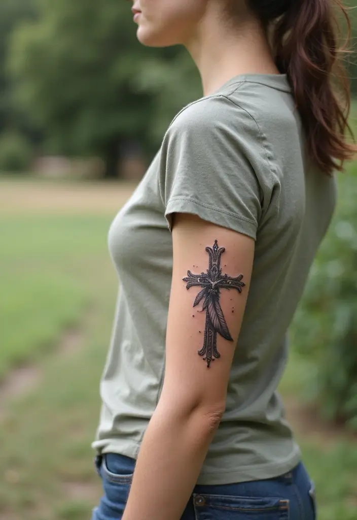 50 Cross Tattoo Ideas for Men and Women with Deep Meaning - 15. Cross with Feathers