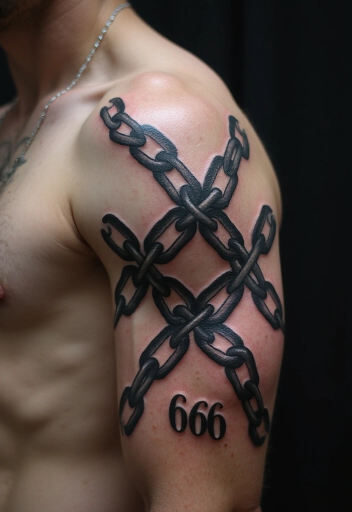 30 Unique 666 Tattoo Designs and Their Dark Meanings 15 30 Unique 666 Tattoo Designs and Their Dark Meanings - 15. Chains and 666 Tattoo