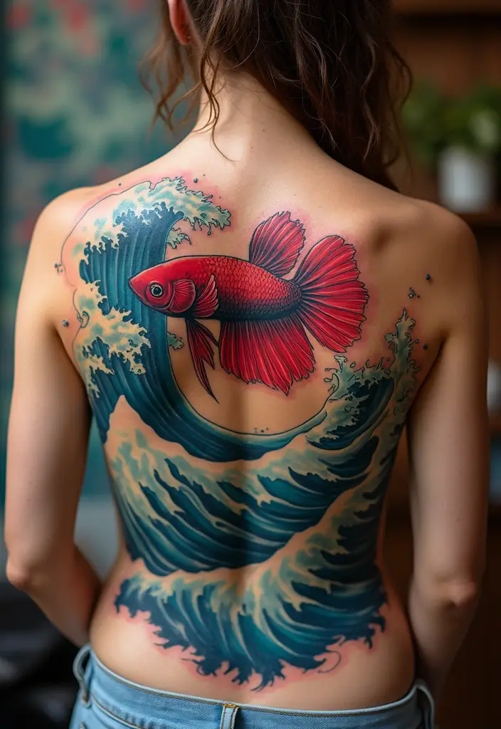 50 Betta Fish Tattoo Ideas with Unique and Colorful Designs 15 50 Betta Fish Tattoo Ideas with Unique and Colorful Designs - 15. Betta Fish and Ocean Waves
