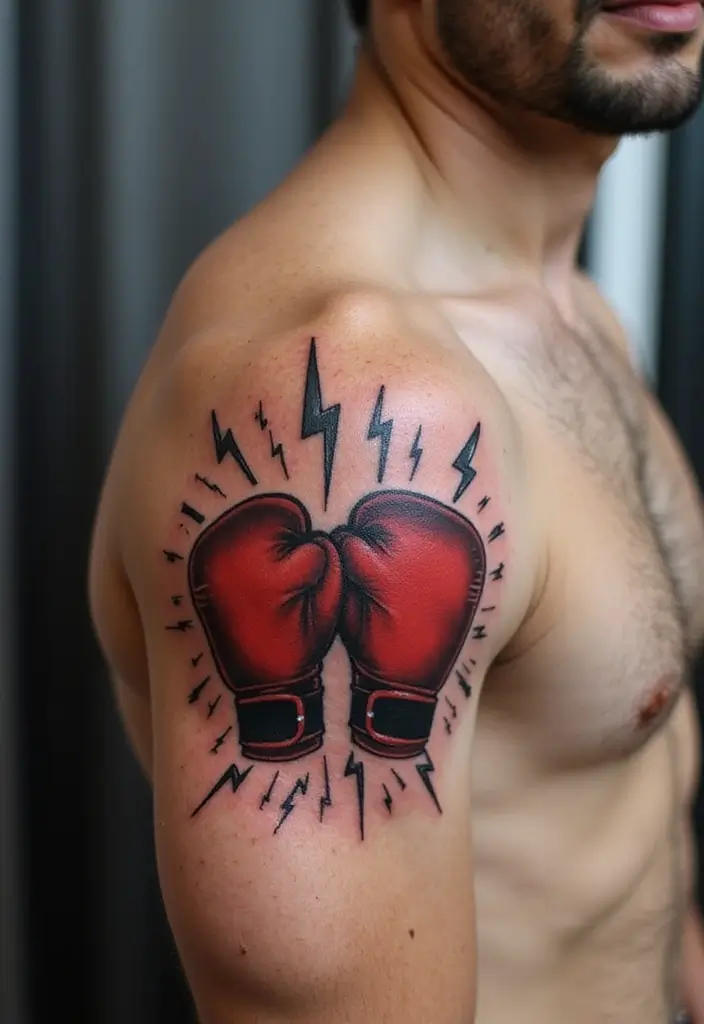 50 Boxing Gloves Tattoo Designs That Embody Strength and Courage! 15 50 Boxing Gloves Tattoo Designs That Embody Strength and Courage! - 15. Lightning Bolts and Boxing Gloves