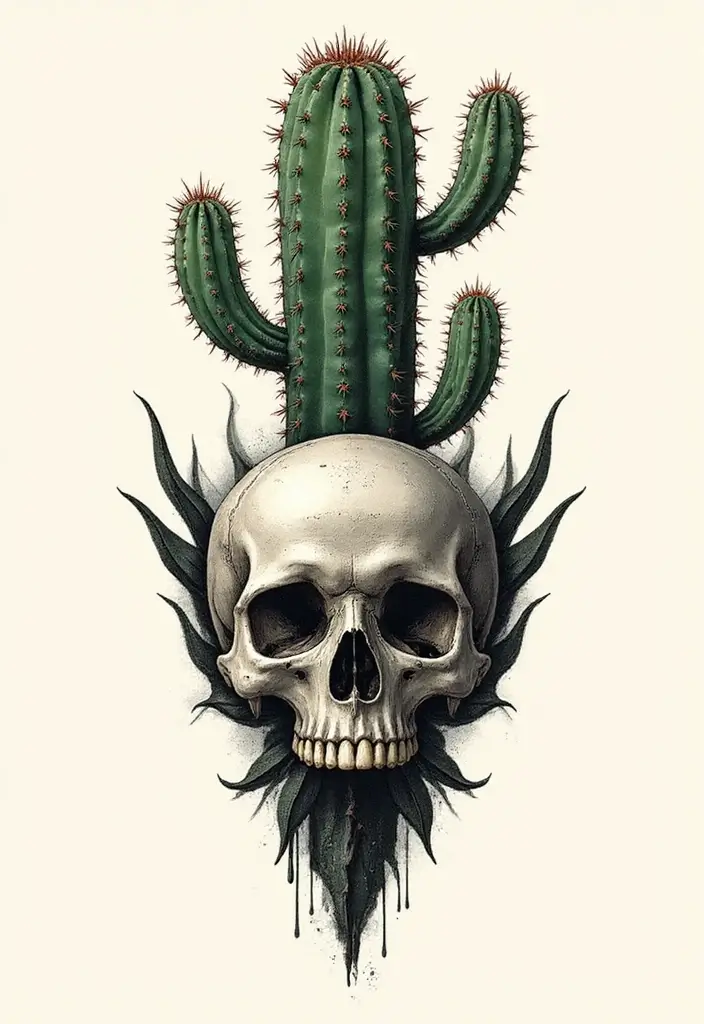 50 Cactus Tattoo Ideas with Minimalist and Symbolic Styles 15 50 Cactus Tattoo Ideas with Minimalist and Symbolic Styles - 15. Cactus with a Skull