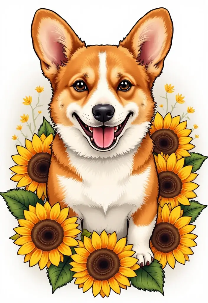 50 Creative Corgi Tattoo Ideas for Dog Lovers 15 50 Creative Corgi Tattoo Ideas for Dog Lovers - 15. Corgi and Sunflowers
