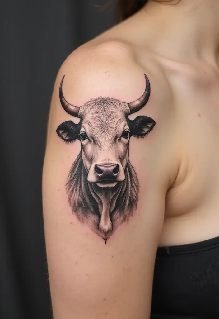 50 Cow Tattoo Designs with Fun and Unique Symbolism - 15. Cow with Feather Elements