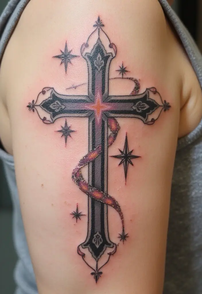 50 Cross Tattoo Meaning Inspirations and Symbolism Explained - 15. The Cross with Stars: Guidance and Protection