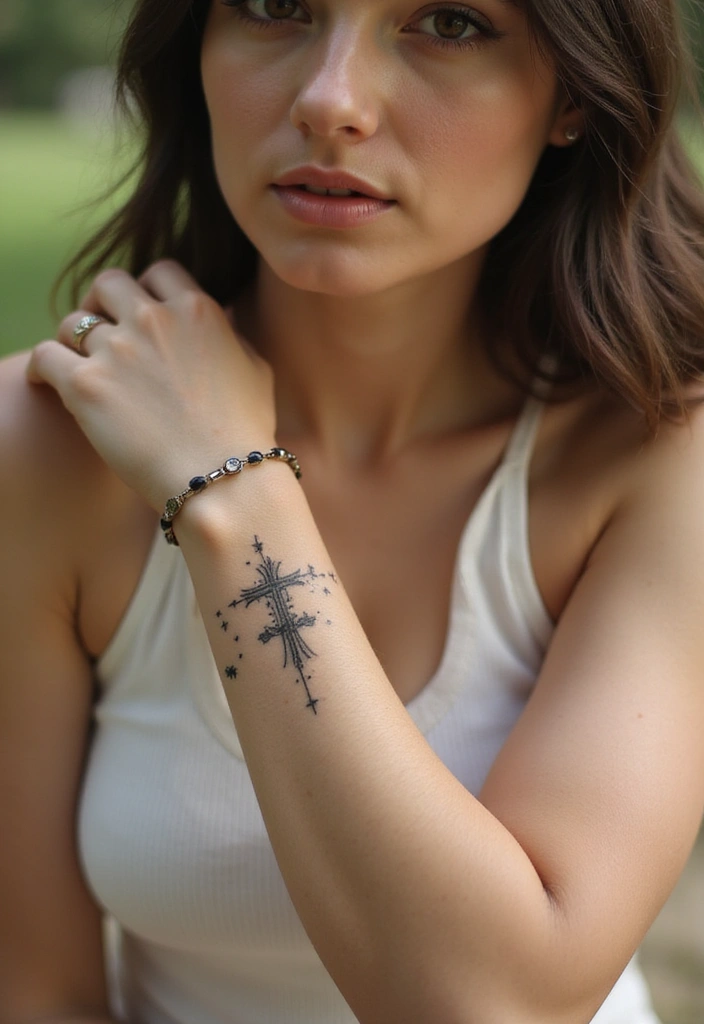 30 Cross Tattoos on Wrist with Meaningful and Elegant Designs 15 30 Cross Tattoos on Wrist with Meaningful and Elegant Designs - 15. Cross with Stars Tattoo