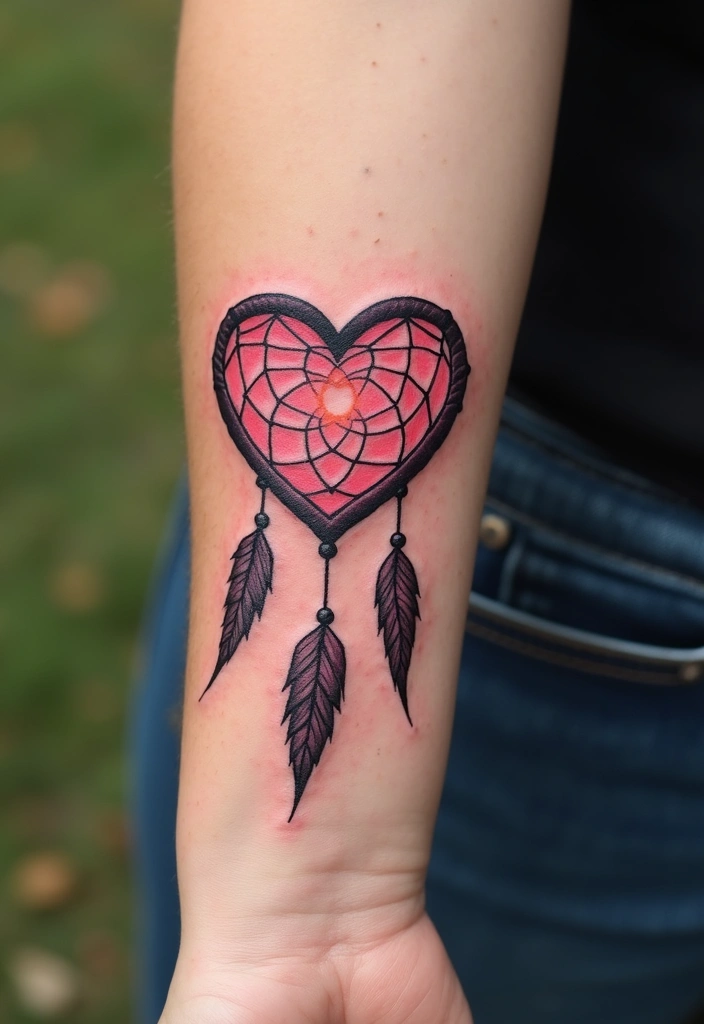 50 Dreamcatcher Tattoo Ideas with Cultural Symbolism 15 50 Dreamcatcher Tattoo Ideas with Cultural Symbolism - 15. Dreamcatcher with a Heart