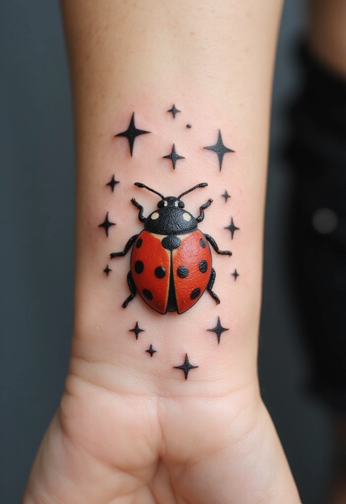 30 Ladybug Tattoo Ideas with Cute and Symbolic Designs 15 30 Ladybug Tattoo Ideas with Cute and Symbolic Designs - 15. Ladybug with Stars
