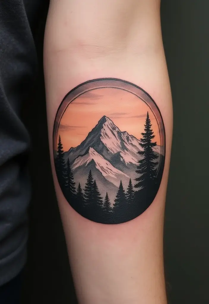 50 Mountain Tattoo Ideas with Powerful and Minimalist Designs 15 50 Mountain Tattoo Ideas with Powerful and Minimalist Designs - 15. Circular Mountain Landscape
