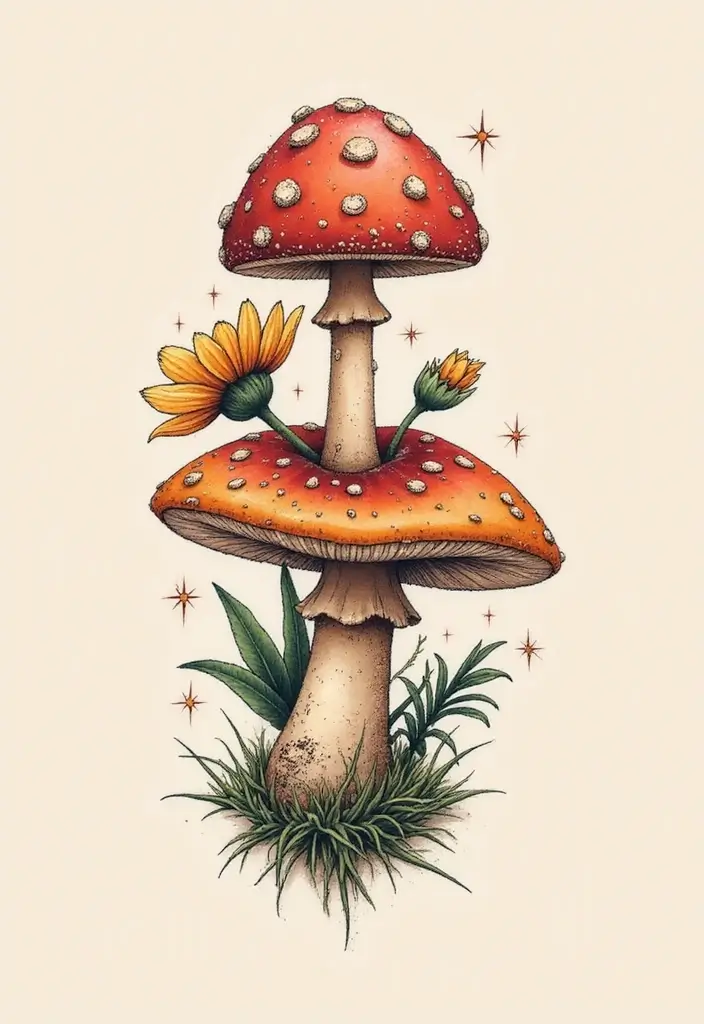 50 Unique Mushroom Tattoo Ideas That'll Leave You Inspired and Curious About Their Symbolism! 15 50 Unique Mushroom Tattoo Ideas That'll Leave You Inspired and Curious About Their Symbolism! - 15. Two-Part Mushroom Tattoos