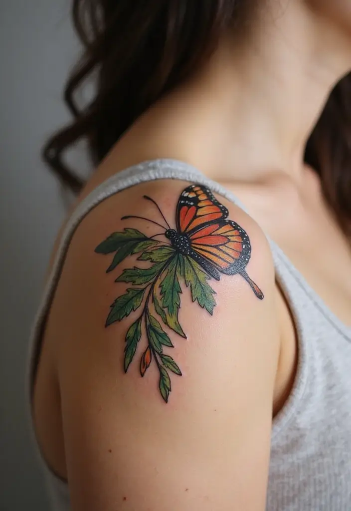 30 Oak Leaf Tattoo Designs with Nature-Inspired Symbolism - 15. Oak Leaf and Butterfly Tattoo