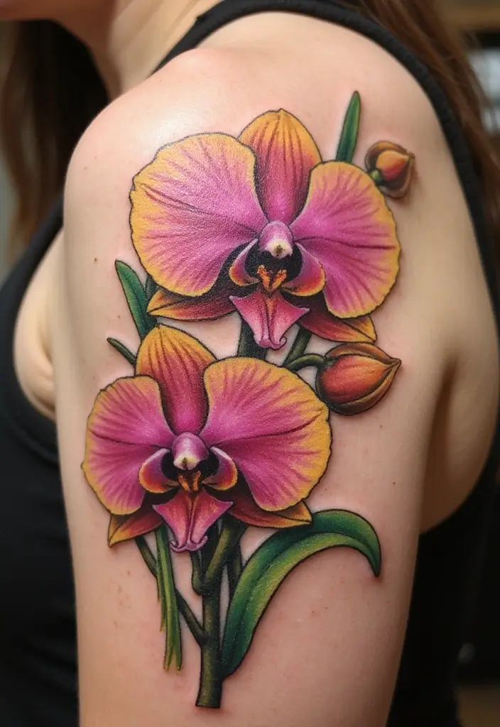 30 Orchid Tattoos That Represent Elegance and Beauty - 15. Orchid in Bloom Tattoo