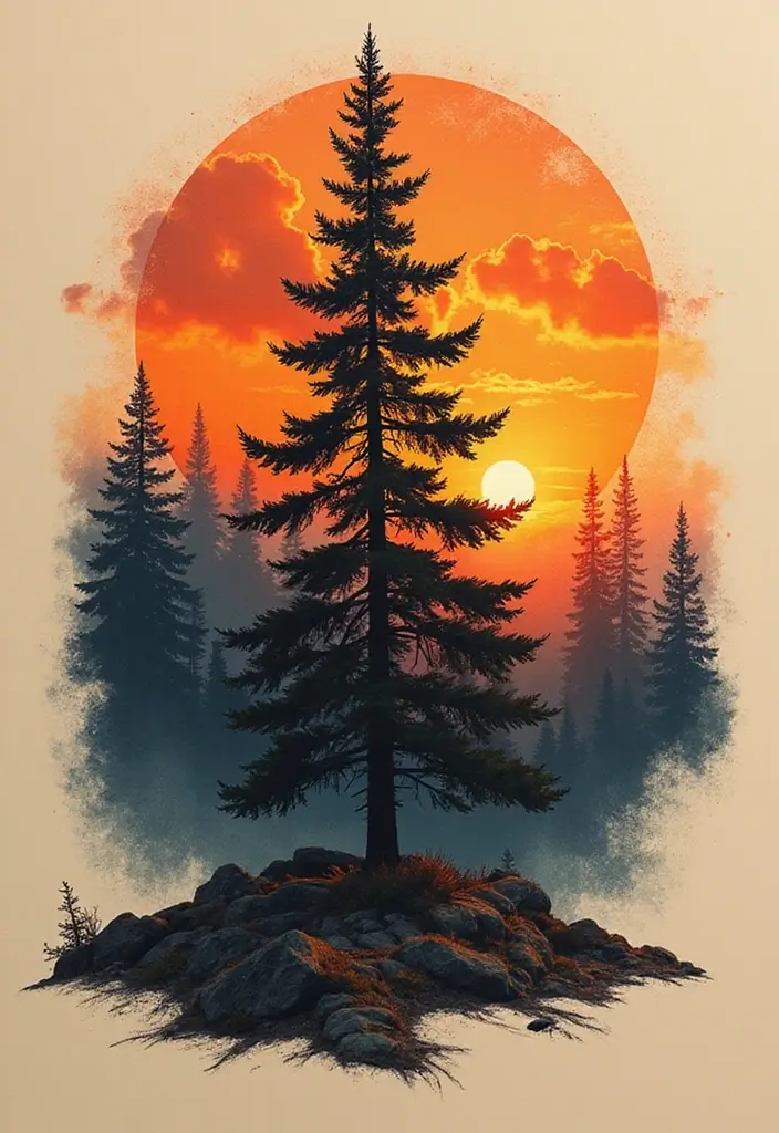 30 Pine Tree Tattoo Ideas with Nature-Inspired Symbolism - 15. Pine Tree and Sunrise
