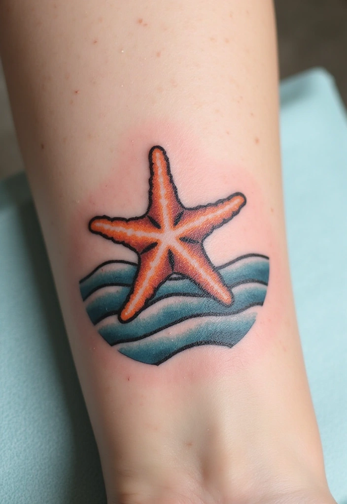 30 Simple Starfish Tattoo Ideas with Minimalist Symbolism 15 30 Simple Starfish Tattoo Ideas with Minimalist Symbolism - 15. Starfish in the Ocean Waves