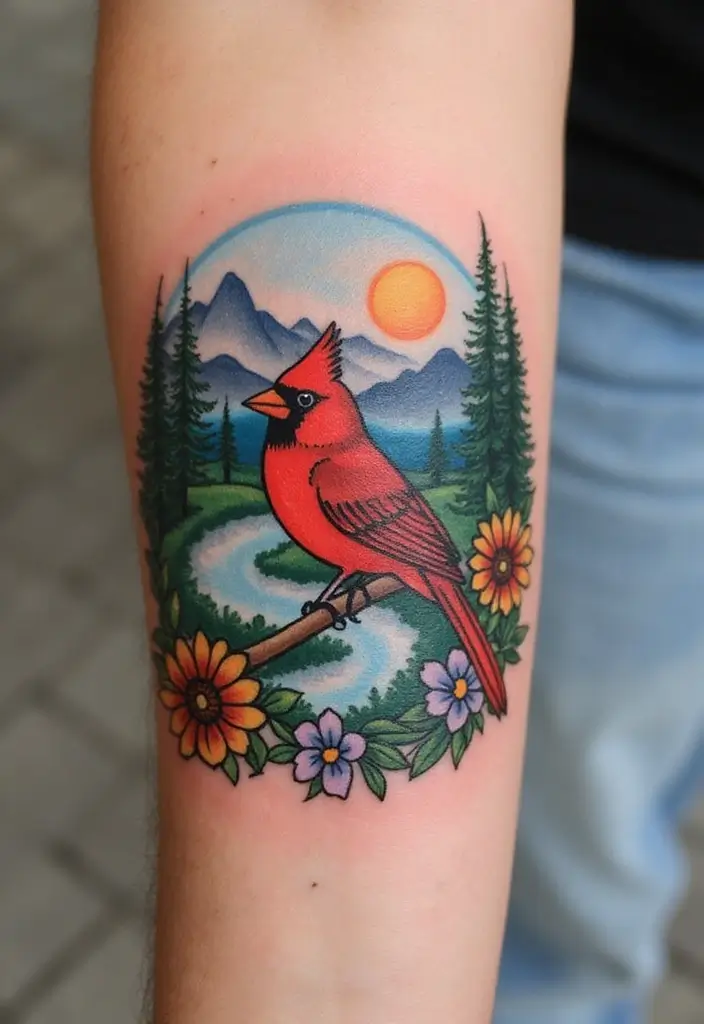 30 Small Cardinal Tattoos for Unique Inspiration 15 30 Small Cardinal Tattoos for Unique Inspiration - 15. Cardinal and Nature Scene