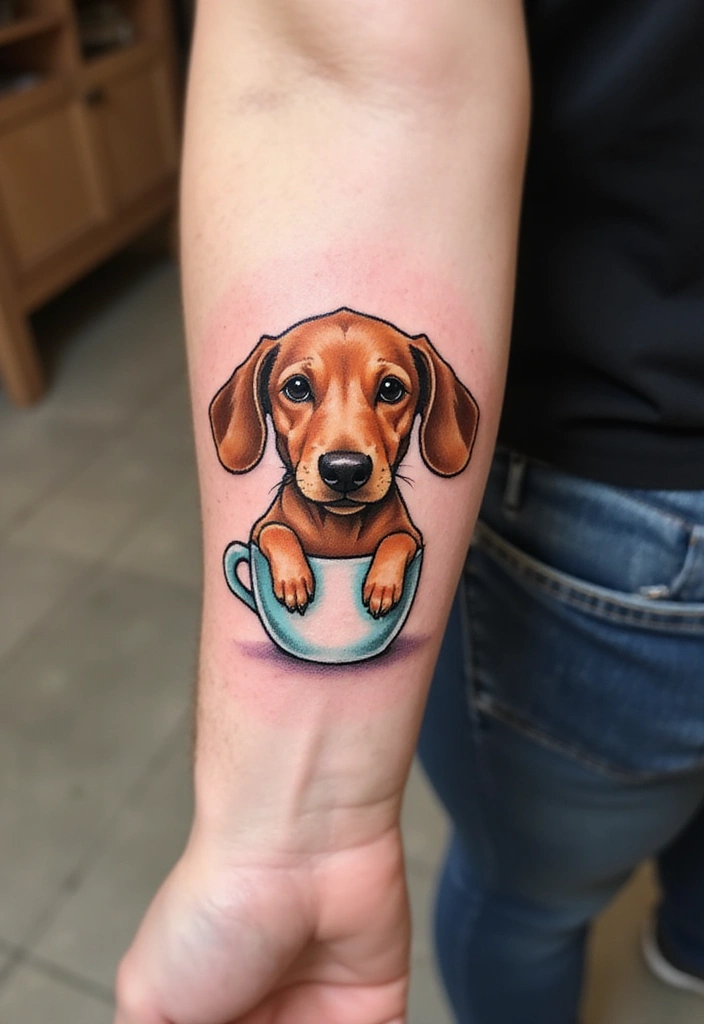 50 Small Wiener Dog Tattoos with Cute and Minimalist Designs - 15. Cute Wiener Dog in a Cup