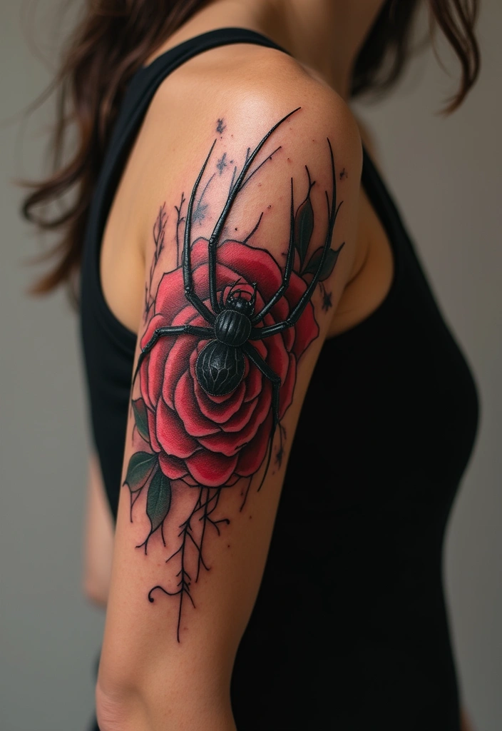 50 Spider Tattoo Designs with Meaning and Bold Styles 15 50 Spider Tattoo Designs with Meaning and Bold Styles - 15. Spider and Rose Tattoo