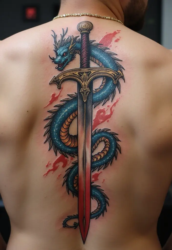 50 Sword Tattoo Designs and Symbolism to Inspire Your Next Ink 15 50 Sword Tattoo Designs and Symbolism to Inspire Your Next Ink - 15. Sword and Dragon