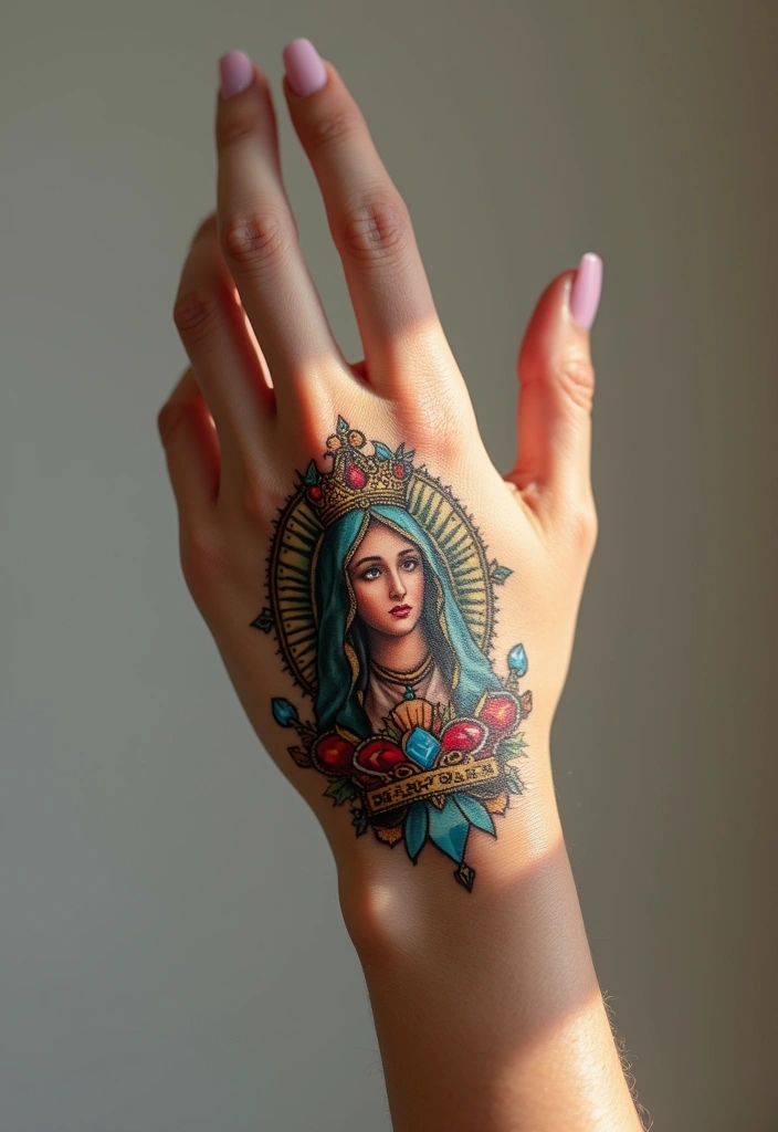 50 Virgin Mary Hand Tattoos with Spiritual and Artistic Designs - 15. Virgin Mary with Crown