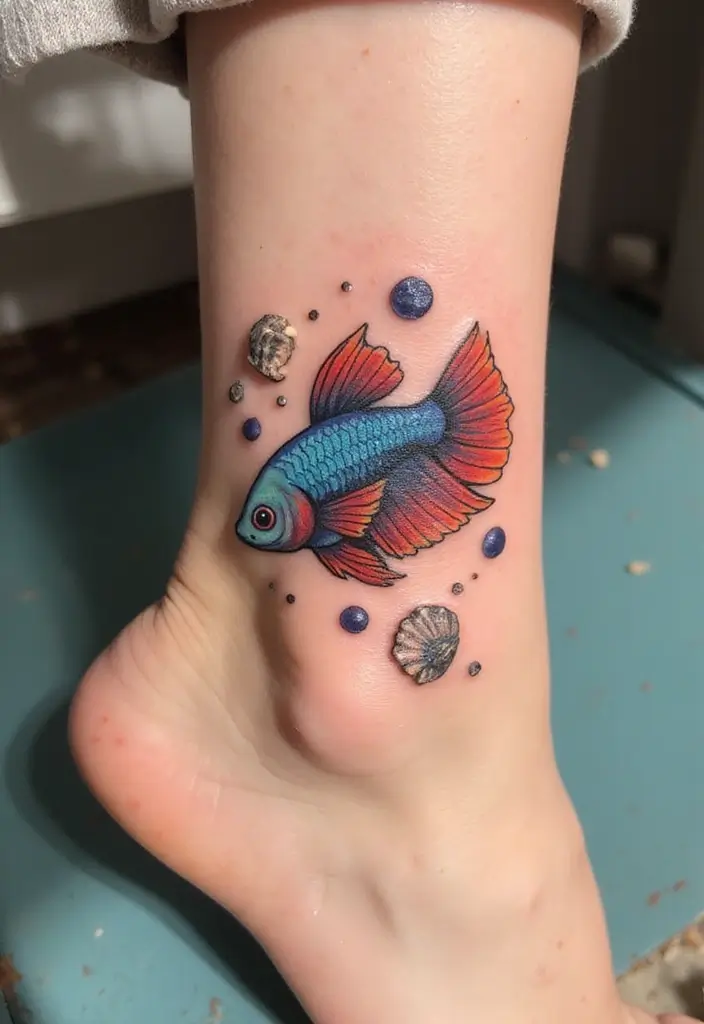 50 Betta Fish Tattoo Ideas with Unique and Colorful Designs 16 50 Betta Fish Tattoo Ideas with Unique and Colorful Designs - 16. Betta Fish with Shell Accents