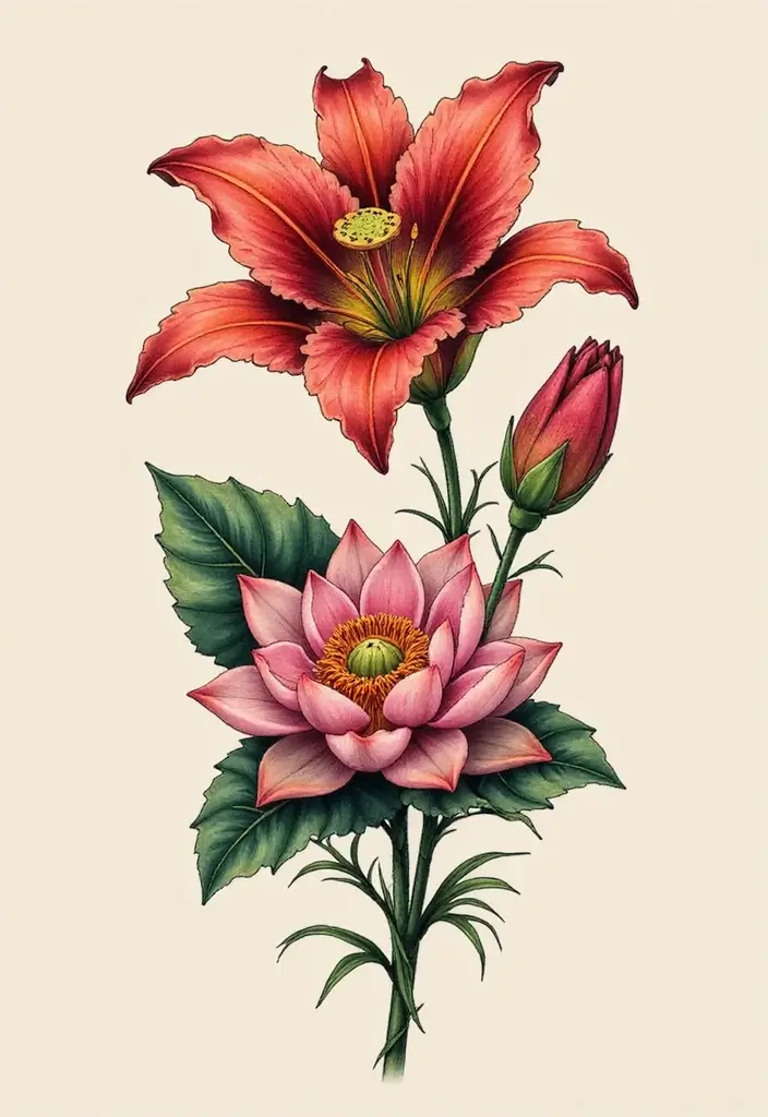 50 Stargazer Lily Tattoos with Elegant and Symbolic Designs 16 50 Stargazer Lily Tattoos with Elegant and Symbolic Designs - 16. Lotus and Lily Fusion