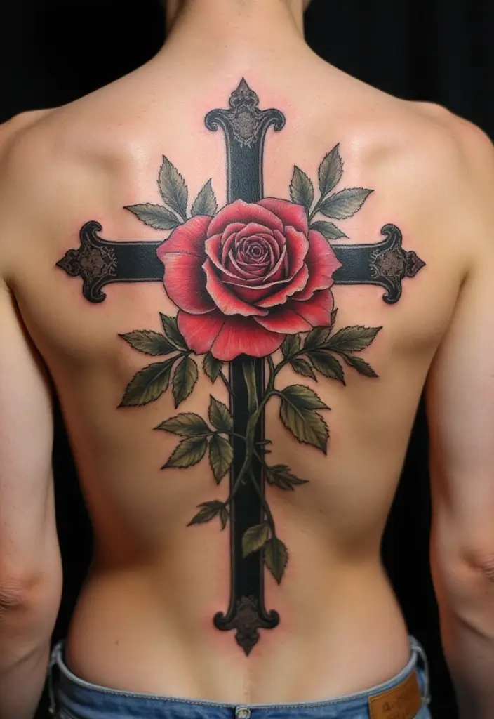 50 Christian Back Tattoos with Meaningful and Powerful Designs - 16. The Rose and Cross