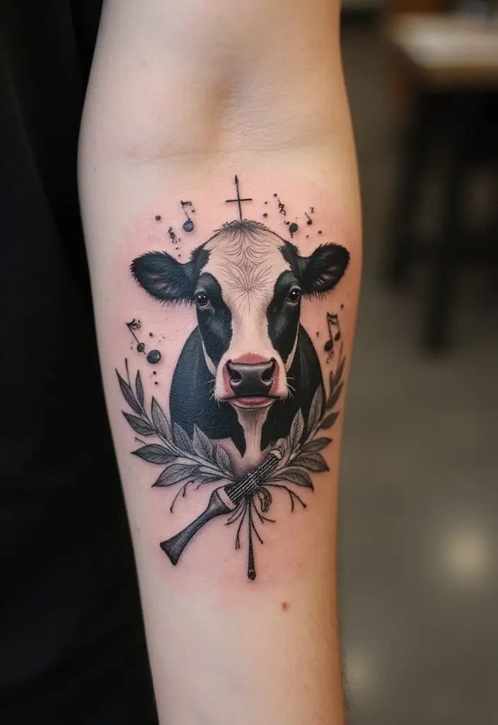 50 Cow Tattoo Designs with Fun and Unique Symbolism - 16. Cow with Music Elements